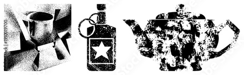 Retro halftone teapot, star labeled bottle, geometric mug, vector art, design, stylized kitchenware, graphic illustration.