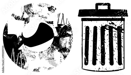 trash bin with slatted design and lid, alongside stylized globe with continents, both rendered in gritty halftone, vector graphic, eco trash, waste disposal, planet earth.