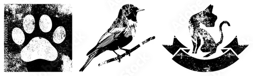 Distressed black and white vector paw print, perched bird, seated cat. Retro texture, halftone grain, isolated design elements for branding or UI.