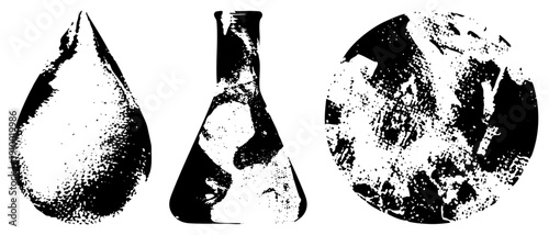 Lab representing chemistry and biology, water droplet, flask, microscopic texture, scientific illustration, educational graphic.