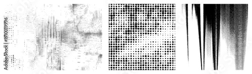 Vector based halftone forming grayscale gradients, dot matrix textures, print simulation, graphic design elements, digital art motifs.