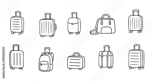  hand drawn suitcases and travel bags illustration in doodle 
