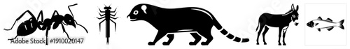 Vector animal silhouettes ant, dragonfly, fennec fox,, fish. Isolated black, flat design, wildlife, animal cutouts, fauna symbols.