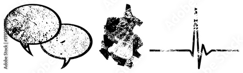 Distressed comic speech bubbles, fragmented mechanical gear, erratic heartbeat waveform all in gritty vector style. Ideal for UI, medical, or communication themes.