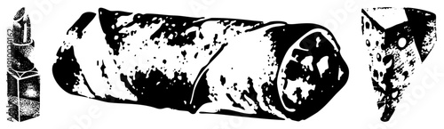 Retro halftone graphic of lipstick tube, rolled burrito, and cheese wedge, stylized with distressed texture, isolated vector art for design projects.