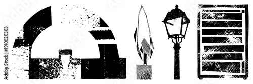 Urban infrastructure rendered in distressed black vector art, including ornate lamppost, fire hydrant, and building facade, with halftone textures and gritty grain effects.