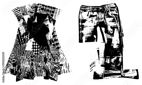 Black and white stylized clothing set, abstract dress and ripped denim pants, fashion illustration, halftone texture, urban streetwear, vector art.