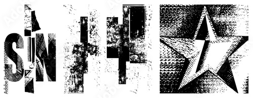 Graphic design featuring distressed letterforms and halftone star, vector art, typographic collage, gritty texture, stencil style, composition.