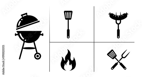 BBQ grill and barbecue tools icon set – grilling equipment silhouette collection