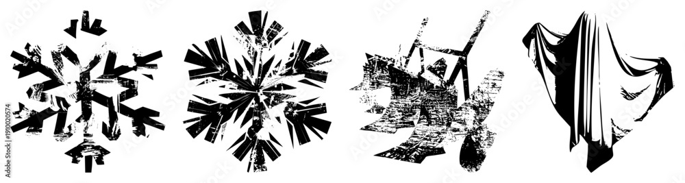 Obraz premium Stylized snowflake, rustic windmill silhouette, flowing draped fabric, vector art, graphic design elements.