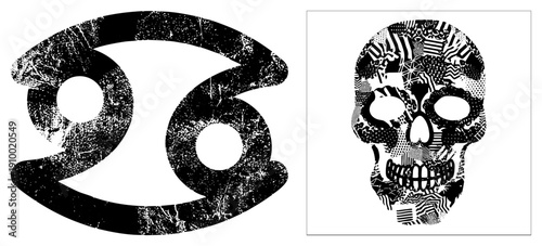 Cancer zodiac symbol with distressed texture, skull collage of geometric, black and white vector design, astrological, graphic art.