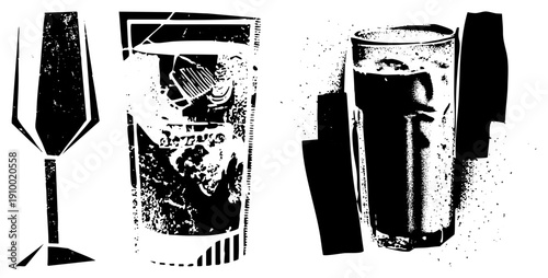 Wine glass, cocktail glass, and highball glass depicted in gritty halftone, vector art, isolated drinkware silhouettes, textured graphic design.