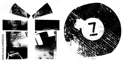 Fragmented black and white graphic with halftone dots, angular forms, and a distressed circular containing the number seven, stylized vector art.