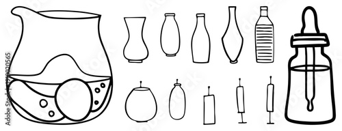 Set of illustrated glass containers, including pitcher, vases, bottles, dropper, and syringes, rendered in clean art, ideal for design or educational use.