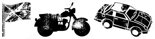 Stylized black silhouettes of motorcycle, station wagon, and flag with halftone grain, distressed texture, vector art, isolated graphic elements.