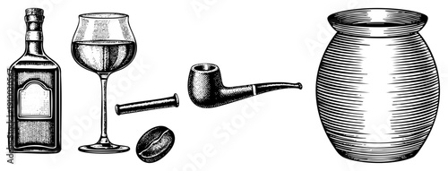 Classic engraved liquor bottle, stemmed wine glass, smoking pipe, roasted coffee bean, rustic ceramic jar all rendered in halftone engraving style.