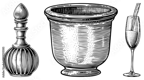 Antique pharmacy bottle with stopper, stone mortar with pestle, champagne flute pouring bubbly, engraved art, retro illustration, medicinal tools, cocktail glass.