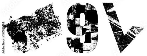Distressed black number nine and downward arrow, fragmented texture, urban stencil aesthetic, graphic design element, typography art.