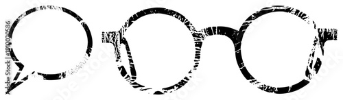 Retro speech bubble with distressed texture, round framed glasses, graphic design elements, vector illustration, communication symbols, style.