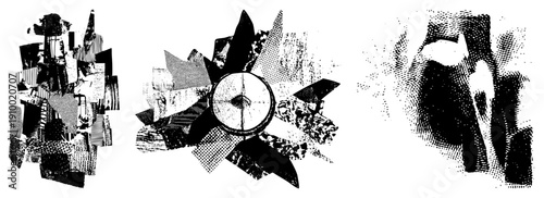 Fragmented abstract composition with halftone textures, geometric, and layered, ideal for graphic design or digital art backgrounds.