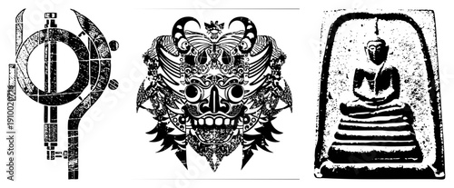 Ornate tribal mask with horns and feathers, seated Buddha in meditative pose, abstract geometric symbol. Tattoo art, sacred, spiritual motifs.