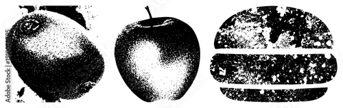 Black and white halftone stylized fruit and burger, dotted shading, food illustration, graphic design, vector art, isolated elements, food.