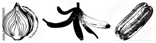 Stylized food items rendered in onion layers, banana peel, hot dog with bun. Flat vector art with halftone texture, isolated foreground elements.