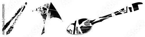 Retro kitchen utensils and sci fi emblem rendered in gritty black and white, distressed texture, stylized vector art, isolated objects with grunge effect.
