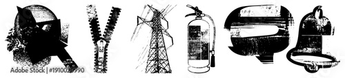 Six halftone vector magnifying glass, zipper, power tower, fire extinguisher, hairdryer, bell. Grainy texture, isolated, technical style.