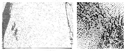 Black and white halftone dot composition, stippling texture, graphic print effect, vector art, visual noise, digital raster illusion.