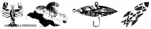 Lobster, turtle, fishing lure, and fish bait rendered in halftone, vector art, isolated foreground,, stylized marine symbols.