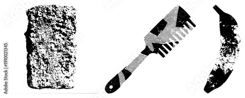 Black and white halftone vector illustrations of bread, hairbrush, and banana with gritty texture, isolated graphic elements, food and grooming.