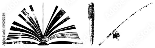 Open book with textured pages, fountain pen with cap, fishing rod with reel, vector, grunge style, educational and leisure symbols.