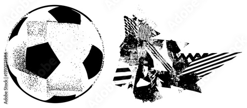 Black and white halftone soccer ball with classic pentagon, stylized footballer in motion, graphic sports, athletic silhouette, vector illustration.