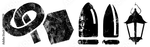 Retro styled halftone vector including lantern, bullet, geometric forms, and abstract swirls, ideal for graphic design or UI elements.