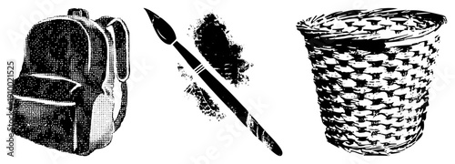School backpack, artist brush with ink splatter, woven basket, black and white halftone, graphic design elements, educational and creative tools, isolated vector.