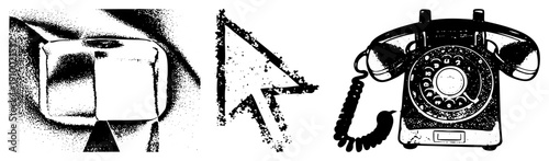 Retro rotary telephone, computer mouse pointer, ice cube, halftone texture, vector graphic, isolated, digital and analog symbols.