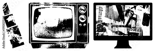 Vintage set with dials next to sleek modern monitor, digital vs analog, tech progression, black and white vector illustration.
