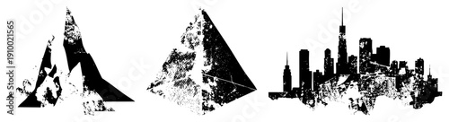 Weathered black silhouettes of mountain peaks, ancient, and urban, distressed texture, urban decay aesthetic, vector art, isolated foreground.