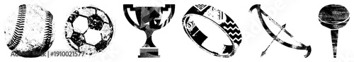 Classic sports symbols rendered in halftone, including baseball, soccer ball, trophy, ring, bow, and ball, stylized with gritty texture and tones.