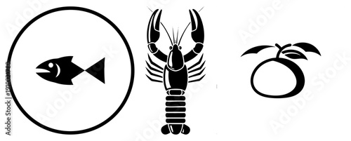 Vector seafood symbols fish in circle, lobster, citrus fruit with leaves. Flat design,, food, restaurant menu, dietary symbols.