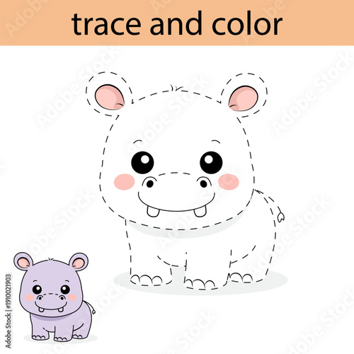 Trace and Color Hippopotamus Worksheet for Preschool Kids