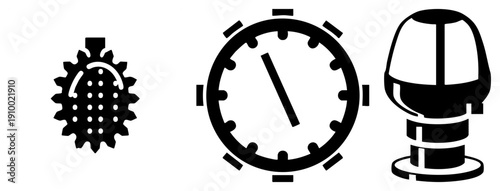 Mechanical gear with teeth and dots, analog stopwatch with hands, lighthouse beacon tower, minimalist vector symbols, isolated design elements.