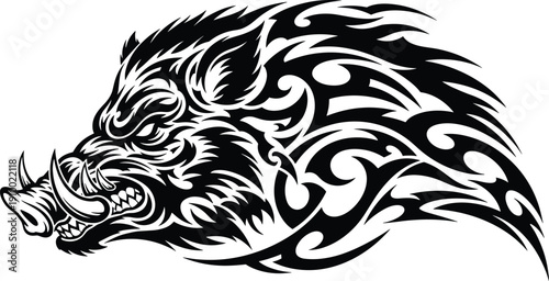Black and white tribal tattoo design of wild boar head with tusks, fierce eye, and flame-like patterns for strength, courage, and creative artwork concepts