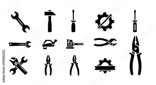 Hand tools and repair icon set – wrench, pliers, screwdriver and workshop equipment icons