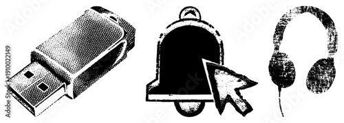 Digital including USB flash drive, notification bell with cursor, and over ear headphones, rendered in halftone dot, ideal for UI design or tech interfaces.
