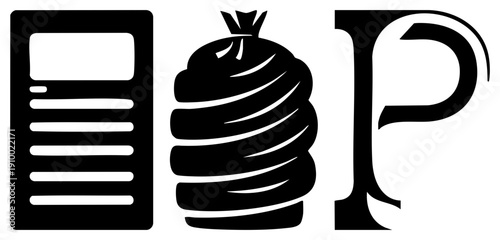 Vector graphic trio server rack, meatball, letter P, minimalist black silhouettes, isolated design elements, flat style.