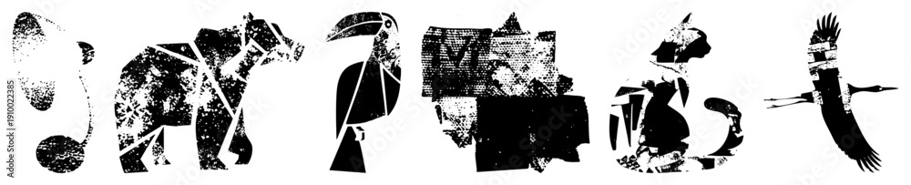 Obraz premium Abstract animal forms composed of fragmented shapes, halftone textures, and bold, ideal for graphic design, print, or digital.