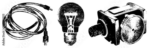 Coiled power cord with plug, classic incandescent bulb with, rugged motor housing, vector halftone style, technical illustrations, isolated elements.