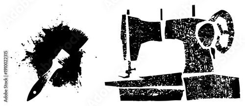 Paintbrush with splatter texture and vintage sewing machine, both rendered in bold black vector, grunge style, isolated foreground elements, artistic design for creative projects.
